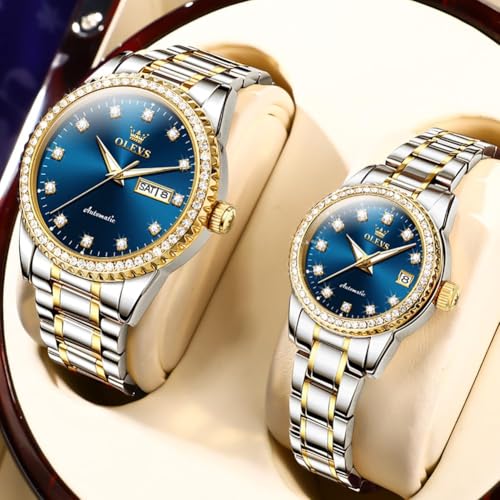 Image of OLEVS Couple Watch Men and Women His and Her Watches Set Analog Date Diamond Stainless Steel Waterproof Luminous Wrist Watch