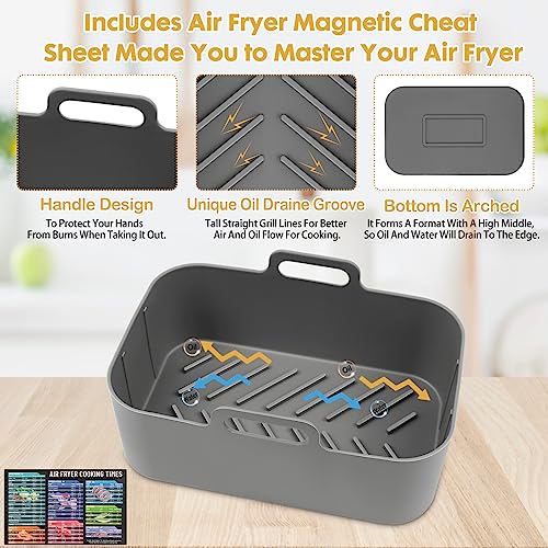 This is a picture of a product for sale called 10QT Air Fryer Silicone Liners - 2Pcs Rectangular Airfryer Silicone Pot Baking Tray for Ninja Dual DZ401 - DZ550 Reusable Replacement Basket Insert with Magnetic Cheat Sheet (2 Pcs Black)