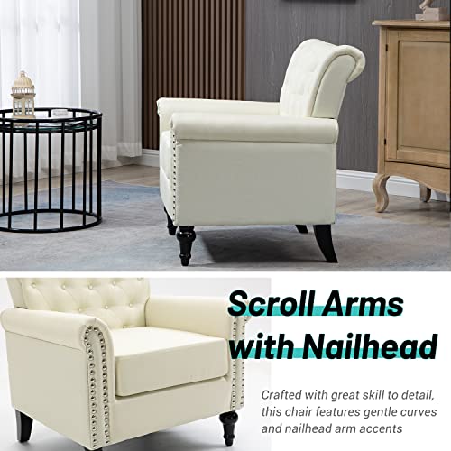 Joybase Club Chair, Mid Century Modern Accent Chair, Tufted Armchair With Nailheads And Solid Wood Legs, Upholstered Single Sofa Couch Chair, Reading Chair For Living Room Bedroom (Beige, Linen) #TOP2