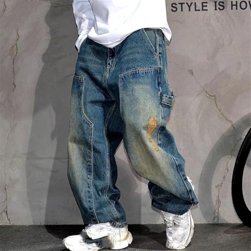 Men’S Vintage Hip Hop Ripped Loose Straight Leg Denim Cargo Pants Slim Fit Full Length Button Fly Distressed Streetwear2