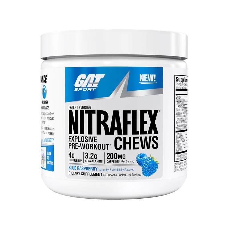 GAT SPORT Pré-treino mastigável com cafeína anidra 200 mg, 40 comprimidos sabor Blue Raspberry