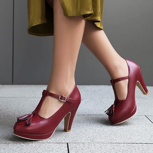 Alyaafifa Chunky High Heel Pumps for Women with Bow Knot Platform Closed Round Toe Ankle Strap Matte Leather Mary Jane Dress Shoes Wedding Office Evening 6