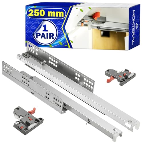 1 Par Guias Correderas para Cajones 250 mm y 2 Piezas de Fijaciones de Montaje - Rieles para Cajones Telescopicas de Extensión Total - Garantía de 10 Años - MONTERAL