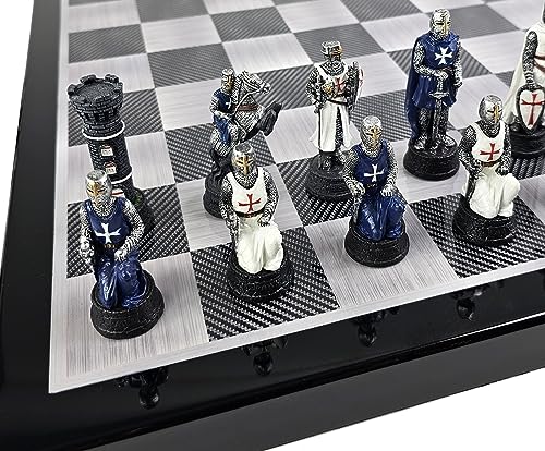 Medieval Times Crusades Knight RED & Blue Maltese Chess Pieces with 18 inch Black Carbon Fiber Color Board