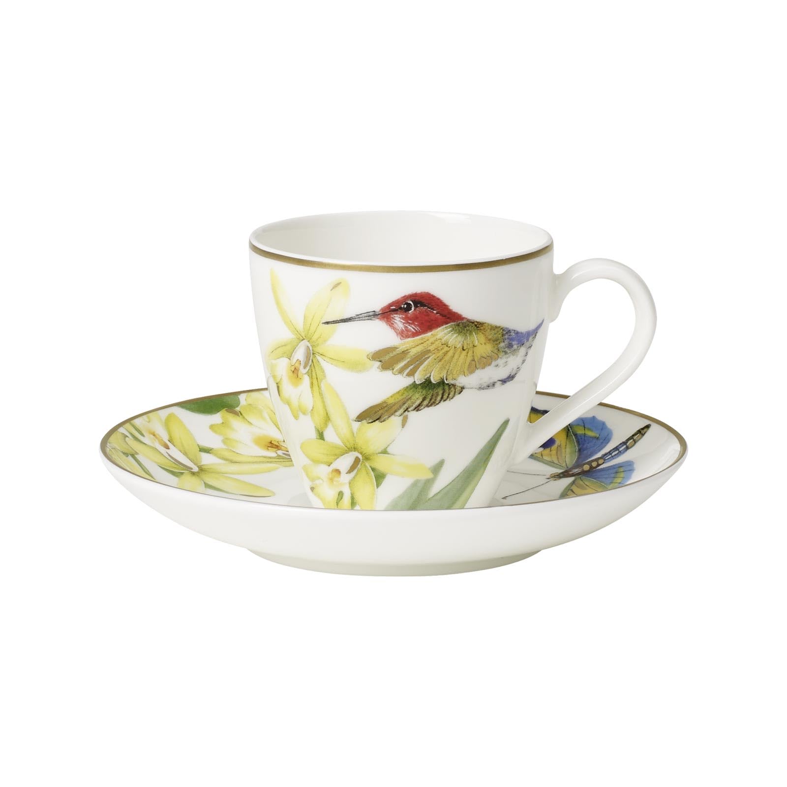 Villeroy & Boch Amazonia Anmut Espressotassen mit Untertassen 100 ml, 6er Set, Espresso-Set mit farbenfrohem Natur-Dekor, Premium Bone Porzellan, Bunt