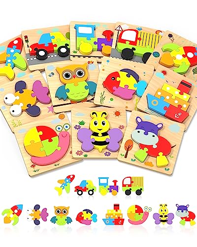 Image of Yetonamr Wooden Toddler Puzzles Gifts Toys for Boys Girls, 12 Vehicle Shape Montessori Toy Educational Blocks Kids Toys Gift Baby Learning Toy
