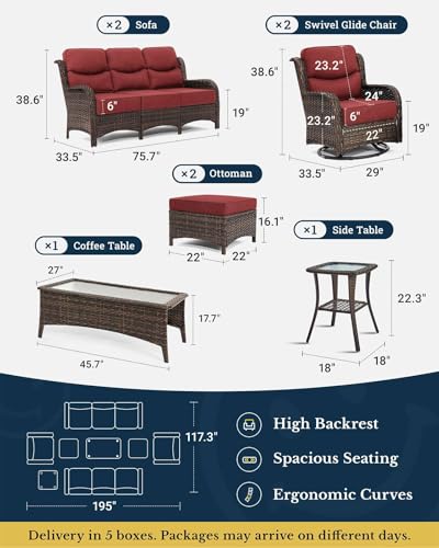 HILLGA Luxury Patio Furniture Set with 6-inch Thick Cushion, Outdoor Couch and High Back Swivel Rocker Patio Chairs, 8PCS Wicker Conversation Set for Deck Yard and Poolside, Burgundy (V2)