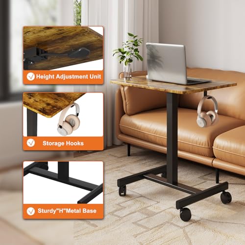 Image of Mobile Desk on Wheels, Pneumatic Height Adjustable, Brown+Black | 18.9 x 25.6 in Desktop, 26.1-40.1 in Height, Pneumatic Lift, T-Shaped Single Column Base, Lockable Casters, 22 lb Capacity
