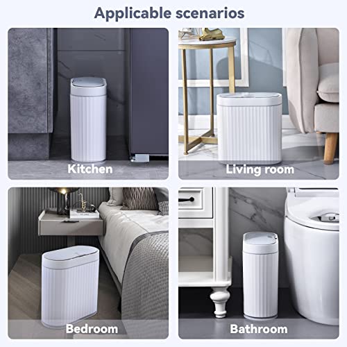 Elpheco Bathroom Slim Trash Can - 2.5 Gallon Waterproof , 10 Liter Motion Sensor Garbage Bin For Narrow Kitchen And Office Use, White With Grey Trim #TOP3