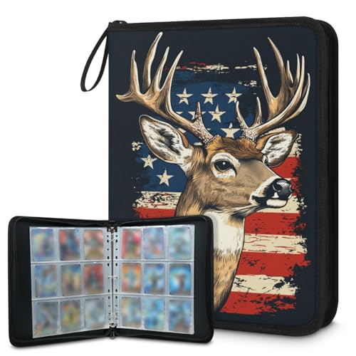 Kuquteed Animal Deer Trading Card Binder 4 Pocket 400 Cards Holder Collector Album with 50 Removable Sleeves Toys Gifts for Boys Girls American Flag Bucks Game Sports Cards