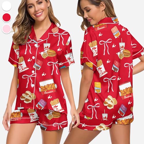 Chick-Fil Chicken Nuggets Satin Pajama Set – Coquette Style Sleepwear for Her,Cute Loungewear Gift for3