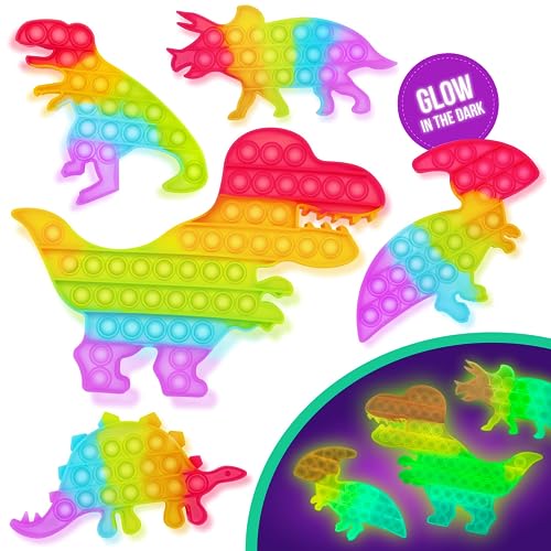 5 Pack Dinosaur Pop-It Fidget Toys - Glow in Dark Supplies - Rainbow Colored Dino Party Favors - Sensory Toys Help Relieve Stress for Autistic Kids - Perfect Popits for Kids