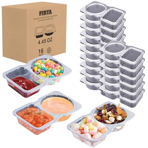 Double Compartment Condiment Containers with Lids, [16 PCS] 2025 New Disposable 2 Compartment Snack Containers, Portion Cups Reusable Plastic Container for to-go Sauce, Travel Snack with Box Package