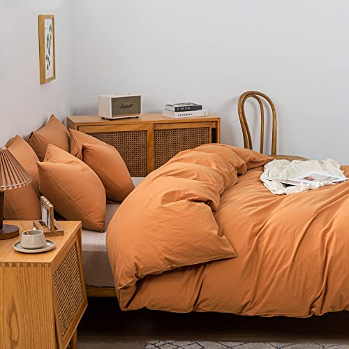 Patsay 100% Cotton Linen-Like Textured Duvet Cover Set, 3 Piece Luxury Pumpkin Orange Bedding Set Queen Size, Soft And Breathable, With Zipper Closure And Corner Ties (1 Duvet Cover+2 Pillowcases) #TOP6