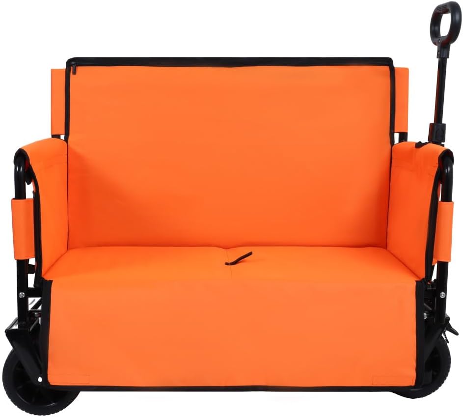 3-in-1 Convertible Folding Wagon Cart with Bench Seat & Storage - 500lbs Heavy-Duty Utility Wagon with All-Terrain Wheels (Orange + Steel)
