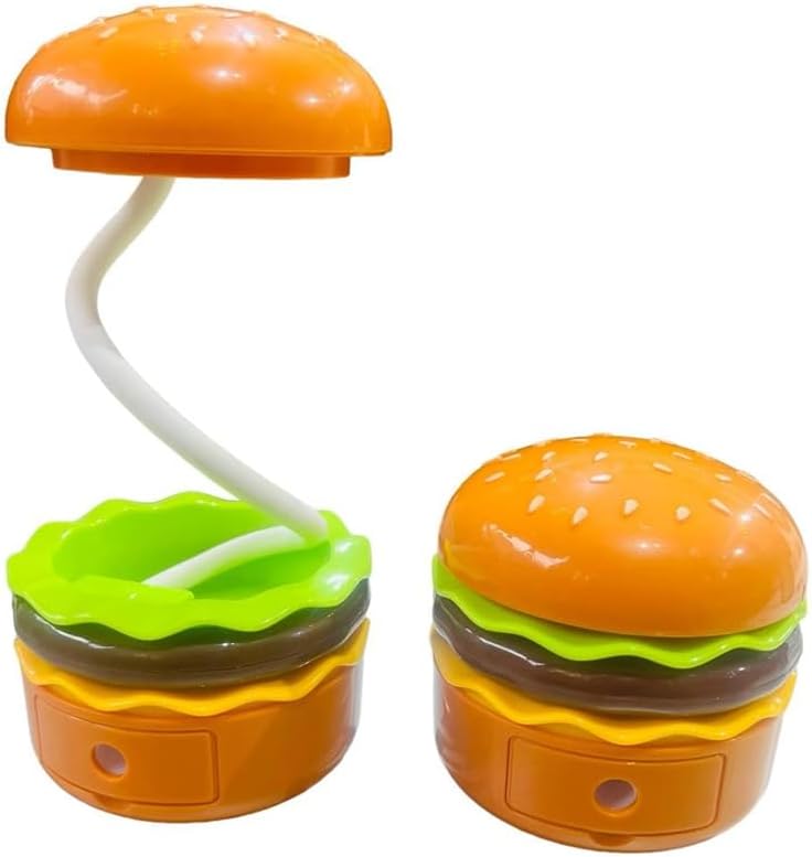 ABHINANDAN DECORS Burger Design Desk Light Small Study Desk LED Lamp Rechargeable, 360° Flexible Gooseneck Lamp with Pencil Sharpener, Table Lamp for Girls Boys Room (Hamburger)