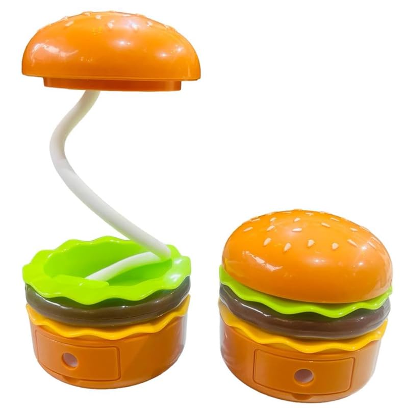 ABHINANDAN DECORS Burger Design Desk Light Small Study Desk LED Lamp Rechargeable, 360° Flexible Gooseneck Lamp with Pencil Sharpener, Table Lamp for Girls Boys Room (Hamburger)