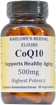 Barlowes Herbal Elixirs CoQ10 | Ubiquinone | Hi-Potency | 500 mg لكل كبسولة | خالي من الستيرات | مغلف في زجاجة زجاجية قابلة لإعادة التدوير | دعم صحة القلب | 60 كبسولة نباتية
