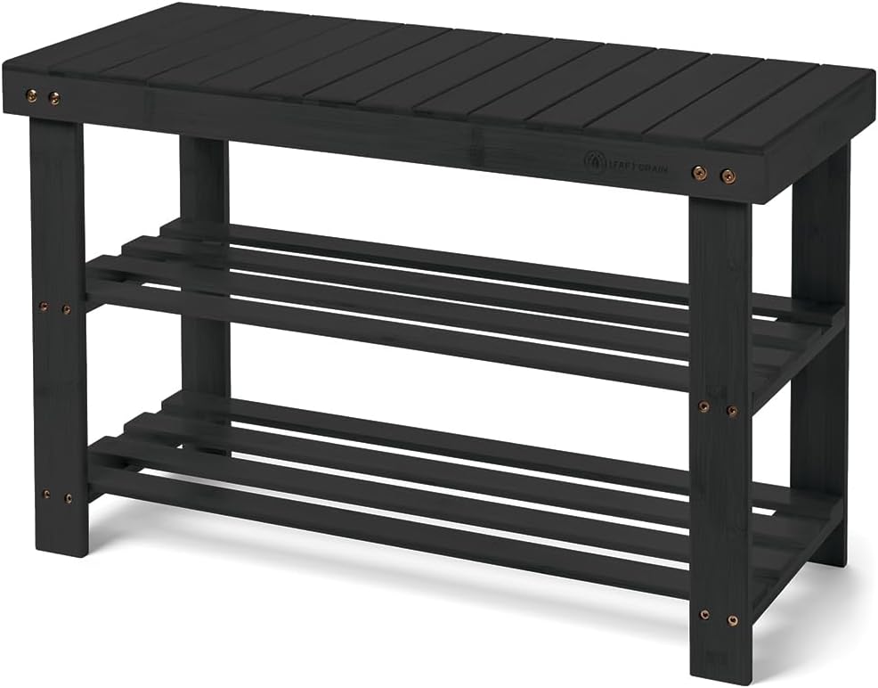 Leaf & Grain Bamboo Shoe Rack - Shoe Storage Bench for Front Door Entrance – Entryway Bench with Shoe Shelf, Shoe Storage Organizer, Wooden Shoe Rack, Durable Shoe Bench for Home (Black)