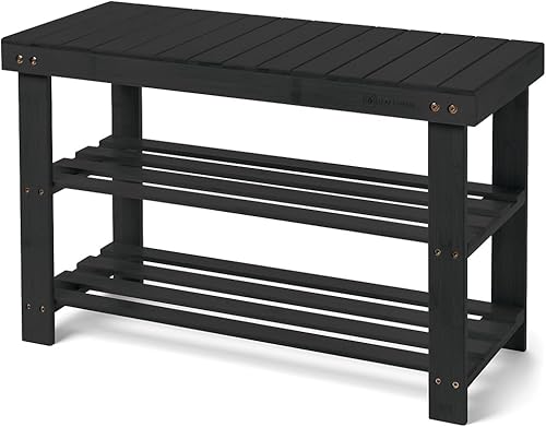 Leaf & Grain Bamboo Shoe Rack - Shoe Storage Bench for Front Door Entrance – Entryway Bench with Shoe Shelf, Shoe Storage Organizer, Wooden Shoe Rack, Durable Shoe Bench for Home (Black)
