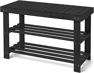 Leaf & Grain Bamboo Shoe Rack - Shoe Storage Bench for Front Door Entrance – Entryway Bench with Shoe Shelf, Shoe Storage Organizer, Wooden Shoe Rack, Durable Shoe Bench for Home (Black)