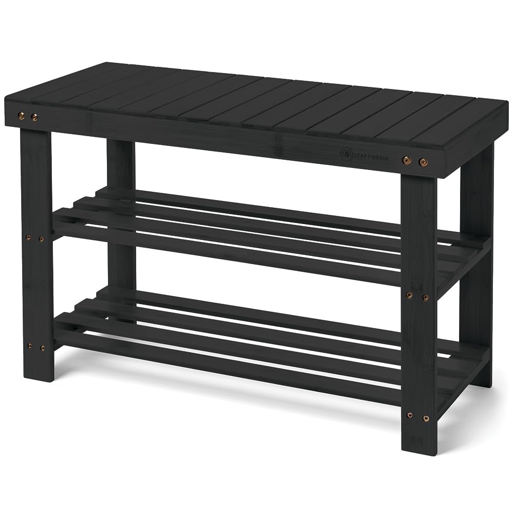 Photo 1 of Leaf & Grain Bamboo Shoe Rack - Shoe Storage Bench for Front Door Entrance – Entryway Bench with Shoe Shelf, Shoe Storage Organizer, Wooden Shoe Rack, Durable Shoe Bench for Home (Black)