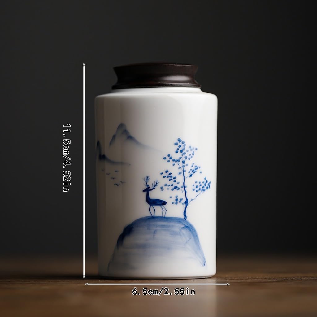 SONGCHAO Sugar Jar Sandalwood Lid Tea Can, Ceramic Warehouse, Hand-Painted, Sealed Storage Tea Canister