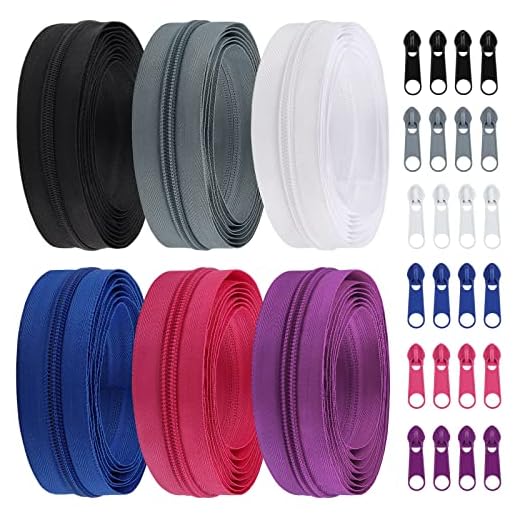 DOITEM 5 mm Cremalleras 12 m Nylon Juego de Cremalleras Sin Fin con Deslizador y Cremallera para Costura y Manualidades (Negro Blanco Gris Oscuro Azul Real Rosa Roja Púrpura)