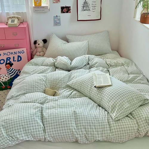 Image of Nayoroom Green Gingham Duvet Cover Full Size Plaid Dorm Bedding Set 3 Pieces Grid Checkered Duvet Cover with 2 Pillowcases, Soft Breathable Washed Microfiber