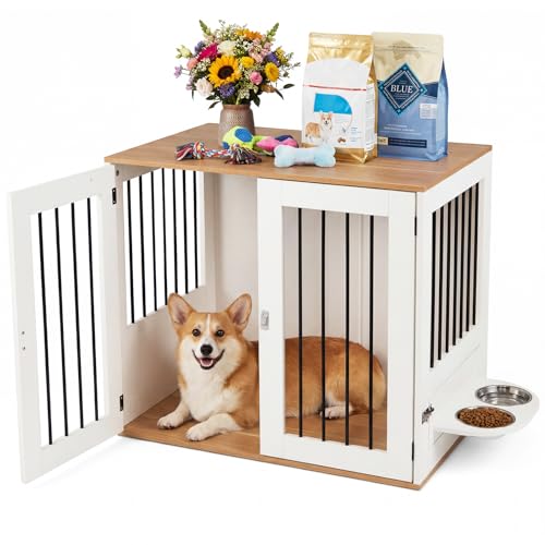 COSTWAY Cuccia per Cani da Interno, Gabbia per Cane Piccolo e Midio con 2 Ciotole Girevoli, 2 Porte e Chiusura di Sicurezza, Casetta per Cuccioli, 80 x 66,5 x 71,5 cm