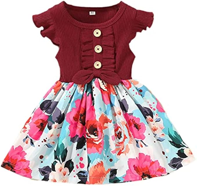 VEOAY Girls Casual Dress Little Girl Summer Floral Skirt with Bowknot Cute Sleeveless Dress Clothes 1-8Y