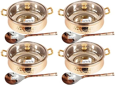 Prisha India Craft Hammered Steel Copper Casserole Donga Glass Lid with Spoon, 250 ML, Set of 4