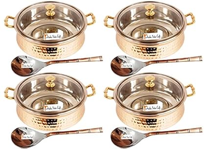 Prisha India Craft Hammered Steel Copper Casserole Donga Glass Lid with Spoon, 250 ML, Set of 4