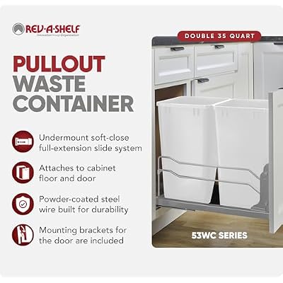 Rev-A-Shelf Double Trash Can Under Kitchen Cabinets Pullout, 35 Quart 8.75 Gallon with Soft-Close Slides, White, 53WC-1835SCDM-211