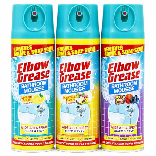 Elbow Grease Bathroom Mousse Cleaner 3 x 400ml LEMON HAWAIIAN & BERRY Fragrance Powerful Grime Dirt & Soap Scum Remover Bathroom Spray for Sinks Baths & Showers
