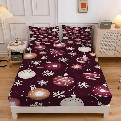 雪の結晶クイーンサイズ ベッドシーツオーナメントボールベッドカバー柔らかい通気性マイクロファイバー 3点セット防ダニ高反発 吸水 速乾 抗菌 防臭 防ダニと 2 枕カバー43x63 cm着脱簡単 丸洗い可能 マットレスカバー160x200x30 cm