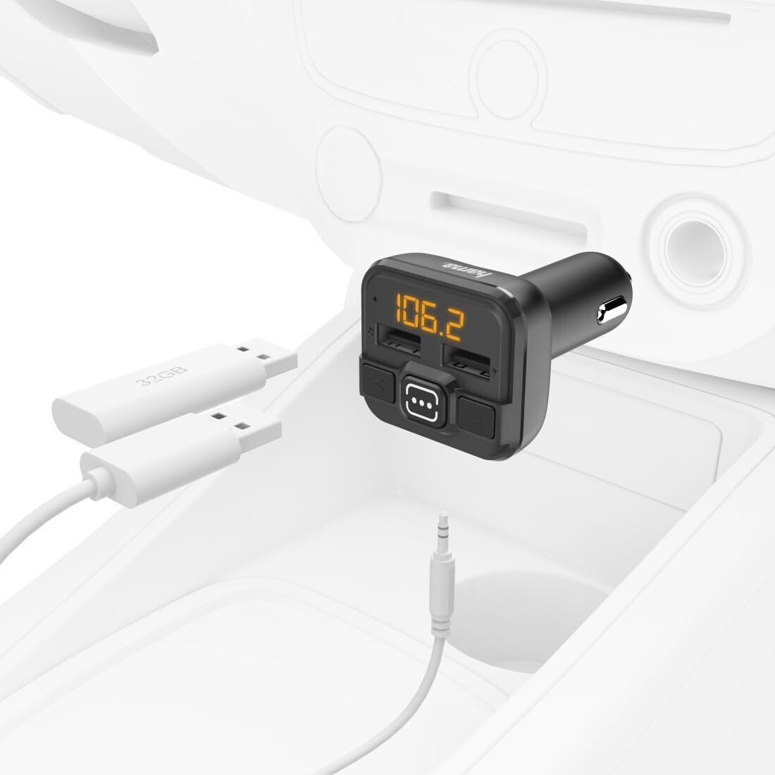 Hama Transmiter FM do radia samochodowego z AUX, USB i ładowarką samochodową (adapter samochodowy do zapalniczki samochodowej z gniazdem jack 3,5 mm i 2 portami USB do pendrive'a i do ładowania), czarny