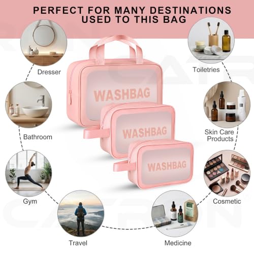 Image of CATRON Makeup PVC Water-Resistant Cosmetic Bag Set 3 Wash Bag Pouch for Multifunctional Travel Kit Toiletry Bag Portable Organizer Case Carry Pouch for Women Bathroom Set (Pink)