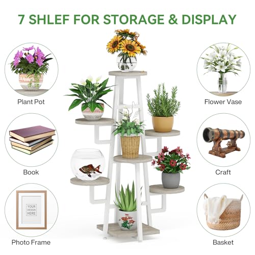 Image of Tribesigns 7 Tier Plant Stand Indoor, Tall Plant Shelf for Multiple Plants, Wooden Corner Plant Pots Holder Rack Flower Stand Shelf Planter Organizer for Living Room Balcony Garden, Beige Brown