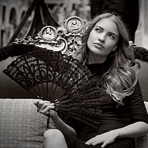 burkfeeg Black Lace Hand Folding Fan, Design Folding Hand Fans Womens Lace Fan Vintage Wedding Fan Women Spanish Hand Fan for Wedding Decoration DIY Decoration