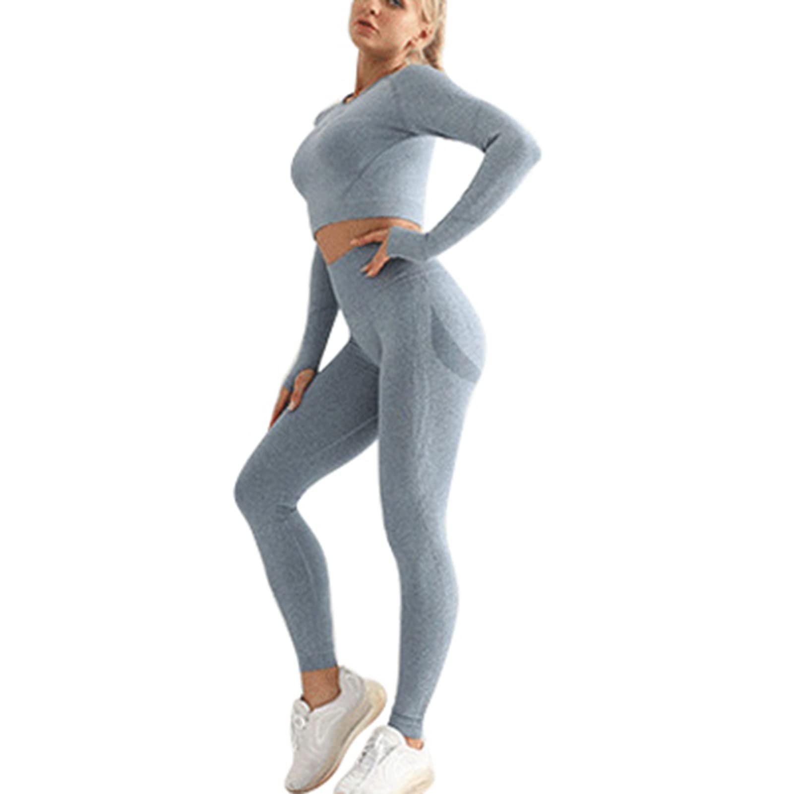 Ausla Set da Yoga per Fitness da Donna, Tute Sportive, Tuta da Jogging, 2 Pezzi, Top Corto a Maniche Lunghe e Leggings