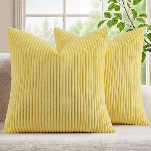 Image of Mecatny Corduroy Decorative Throw Pillow Covers 26x26 Set of 2 for Sofa Living Room, Soft Neutral Boho Couch Pillow Covers for Home Decor, Sundress Yellow