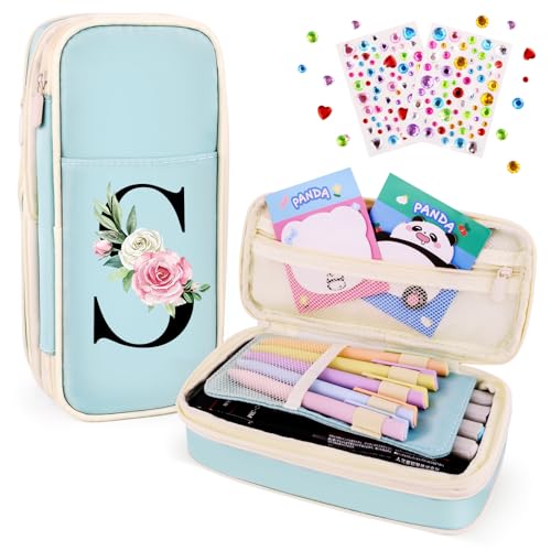 Image of Preppy Pencil Case for Girls, Cute Large Pencil Pouch, Personalized Initial Pencil Bag with Zipper for School College Office Supplies, Back to School Supplies Gifts for Teen Girls (S, Blue)