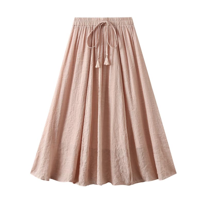 IVERIRMIN Women’s Cotton Linen Pleated Midi Skirt Casual Summer Loose Fit Drawstring Elastic High Waist Layer Skirts3