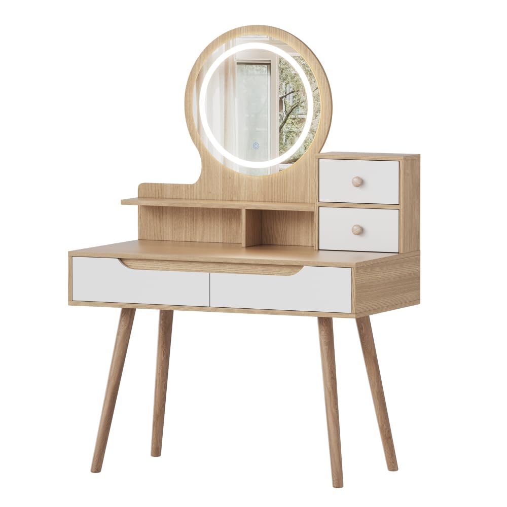 makeup vanity desk with 3 adjustable lighted mirror with solid wood table feet, dressing table set with 4 drawers and 3 open shelves for small space bedroom