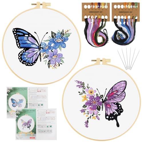 TAIHOBO Embroidery Kit Schmetterling Stickset für Anfänger 2 Stück Stick Set mit Stickrahmen Stickgarn Nähnadel Anleitung Blumen Handstickerei Sticken für Anfänger DIY Sticken Set Erwachsene