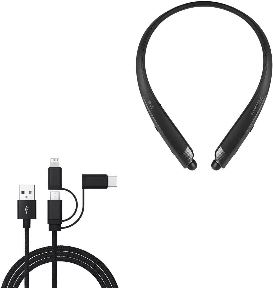 BoxWave Cable Compatible with LG Tone Platinum+ (HBS-1125) - AllCharge 3-in-1 Cable - Jet Black