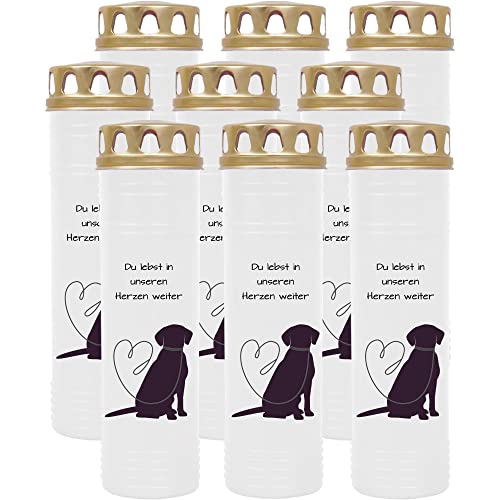 HS Candle Velas para tumba – 9 unidades con diseño (perro lino) – aprox. 100 h / 4 días de combustión por vela (25 cm, diámetro de 7 cm) – muchos Deisgns