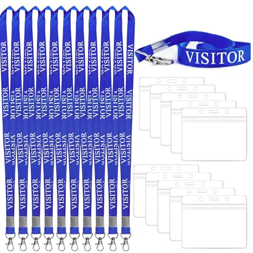 10 Pieces Blue Visitor Lanyards with 10 ID Card Holders