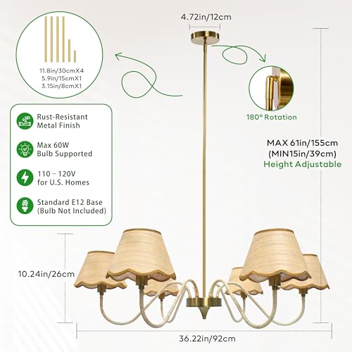 Image of 39 inch Boho Rattan Chandelier, 6-Light Rattan Pendant Light, Handwoven Natural Rattan, Rustic Industrial Adjustable Rattan Fixture for Dining Room, Kitchen Island & Living Room, E12 Socket